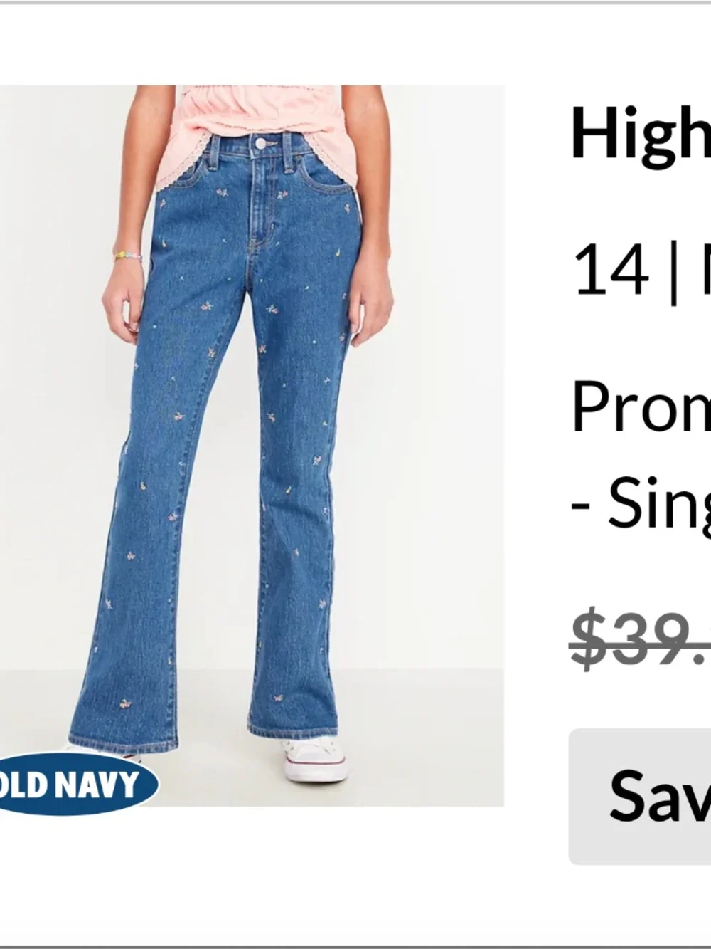 Old Navy Girls High-Rise Flower Embroidered Flare Jeans 14
